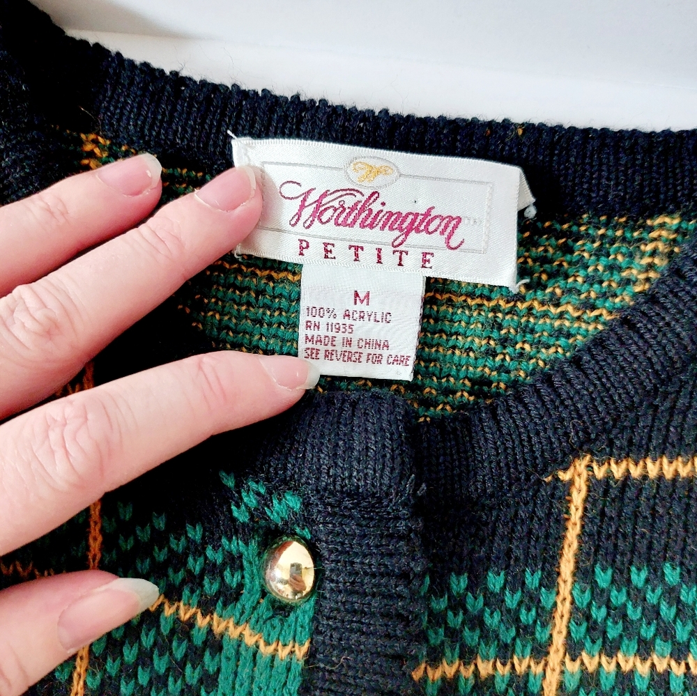 1980s Plaid Christmas Cardigan‎ "Ugly" Sweater Petite Medium Worthington Preppy - Picture 3 of 5